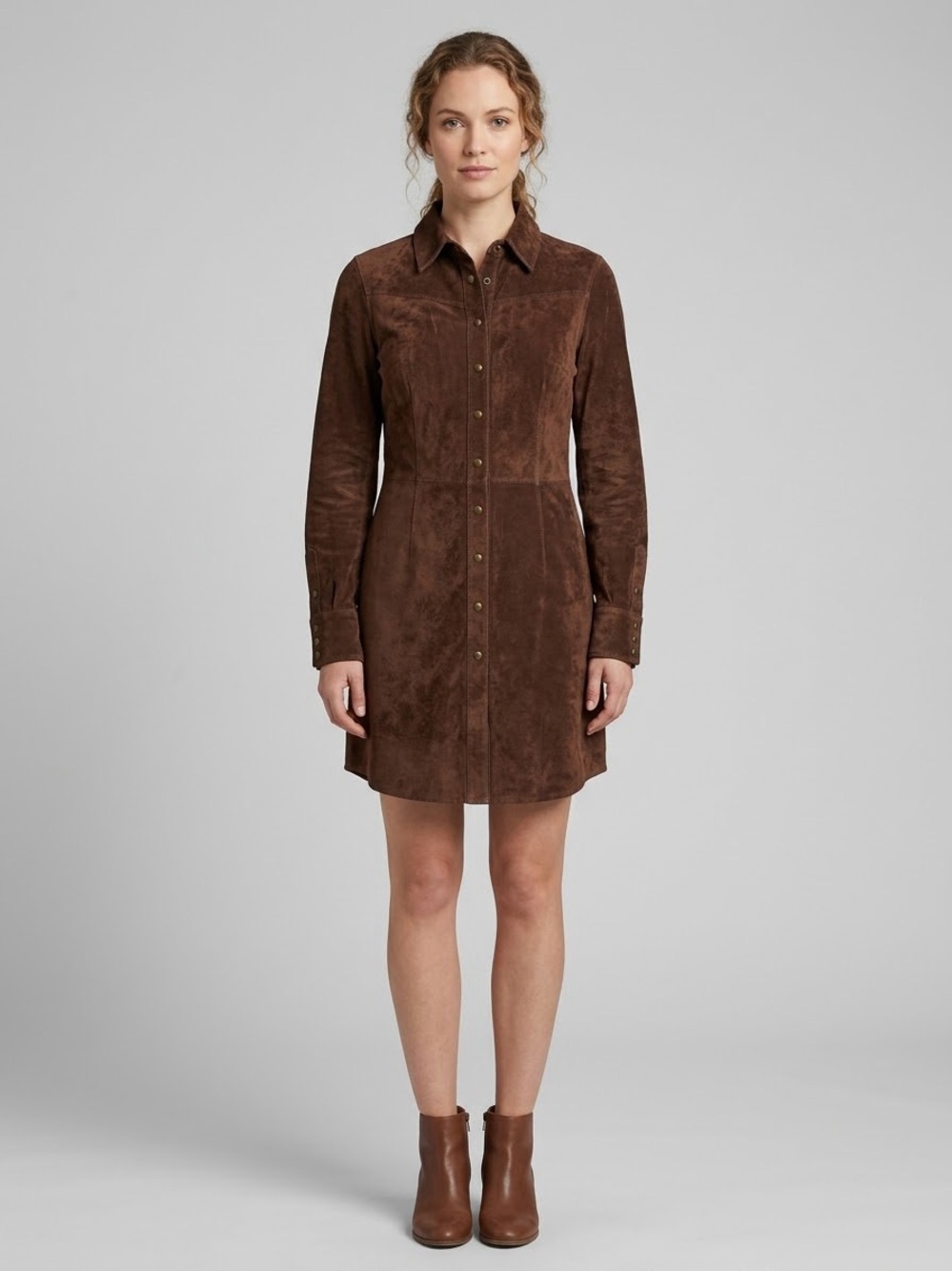 Women’s Suede Leather Shirt Dress Long Sleeve Snap Button Front Mini Coat